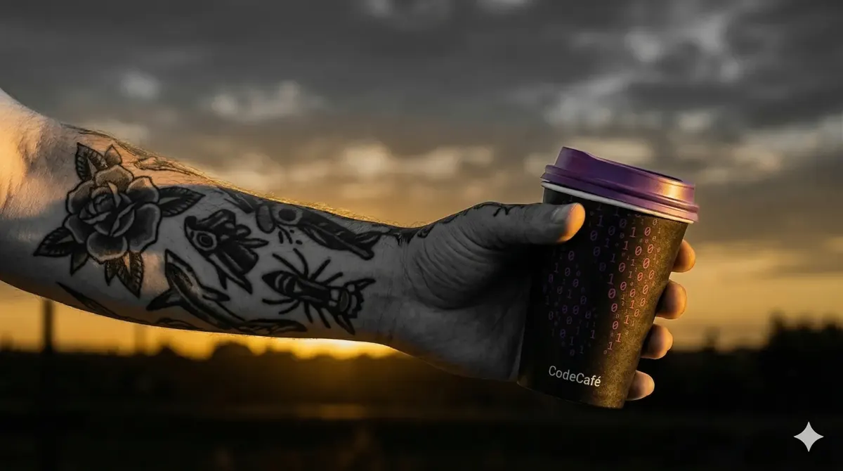 Braço tatuado segurando um copo CodeCafé